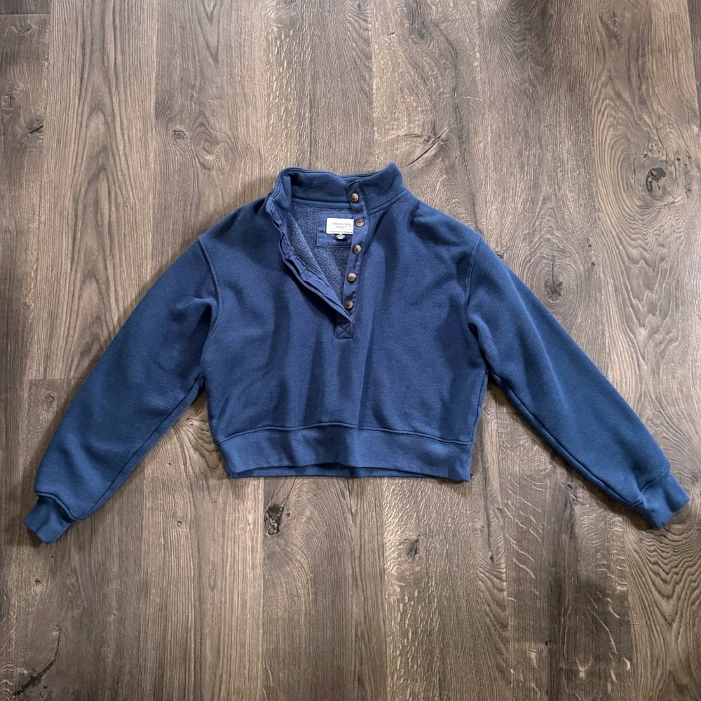 American Eagle Henley Cropped Sweatshirt XXS Navy Blue Cotton Sweater Collar - Picture 2 of 6